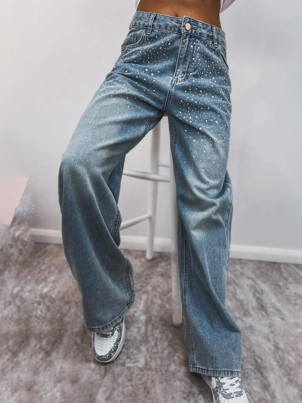 Damen High-Waist Jeans mit Glitzerdetails dunkelblau Norvielle