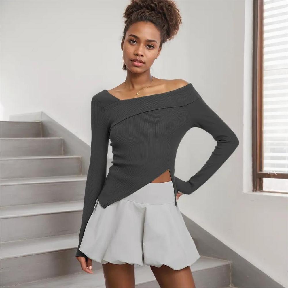 Damen Langarmshirt Asymmetrisch Wickeldesign Elegantes Oberteil - Norvielle