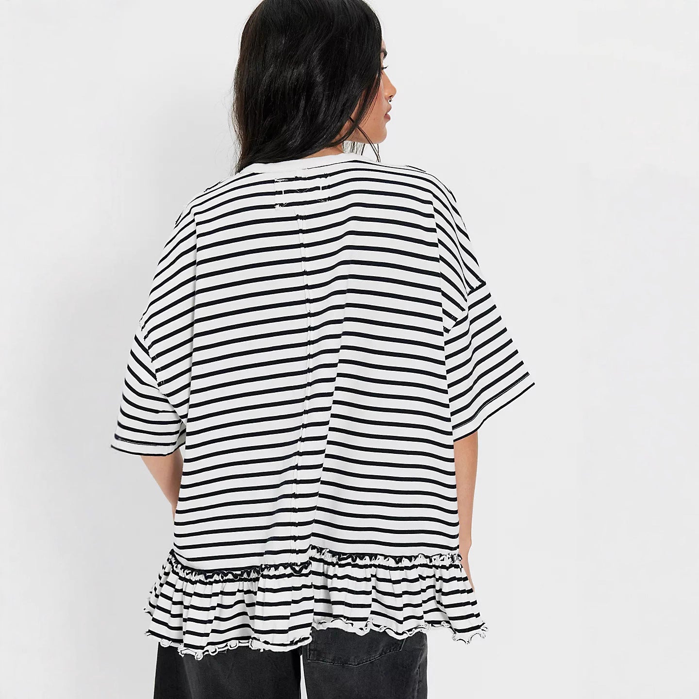 Damen Oversized Streifen T-Shirt mit Rüschen Weiß-