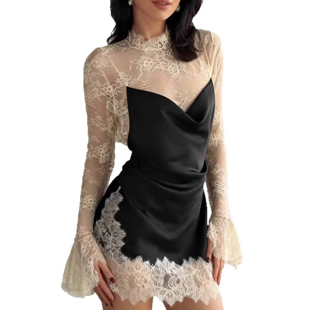 Damen Abendkleid Chiffon Elegant Spitzendetails Ärmel