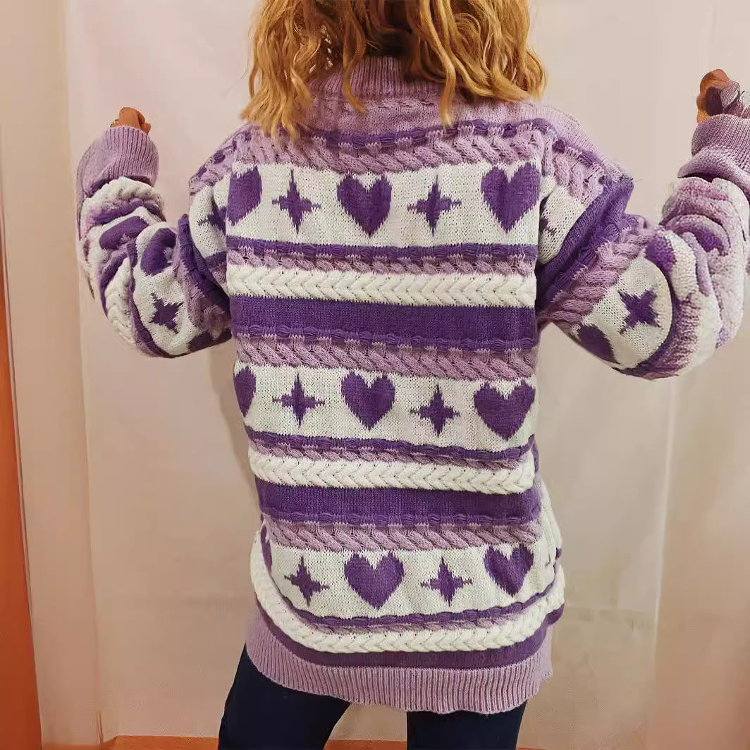 Damen Pullover Grobgestrickt Herzförmiges Muster Breite Streifen
