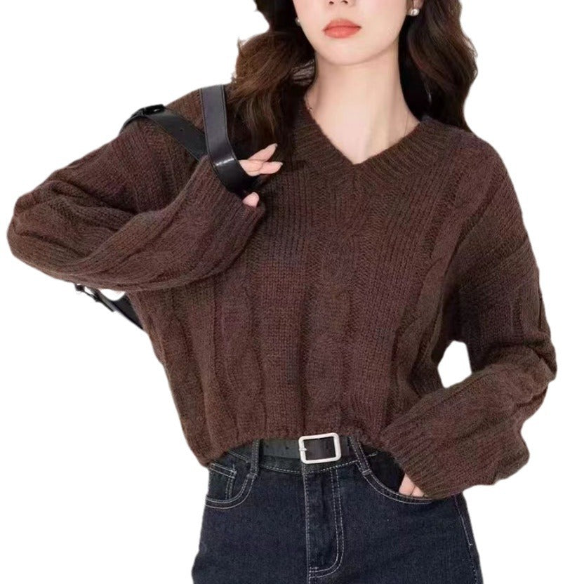 Damen Strickpullover V-Ausschnitt Zopf-Muster Norvielle