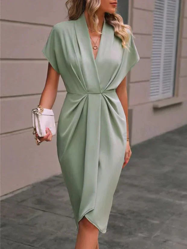 Quirine Damen Midikleid V-Ausschnitt Kurzärmel Sommerlich Elegant