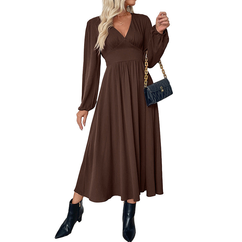 Damen Maxi-Kleid V-Ausschnitt Ballonärmel
