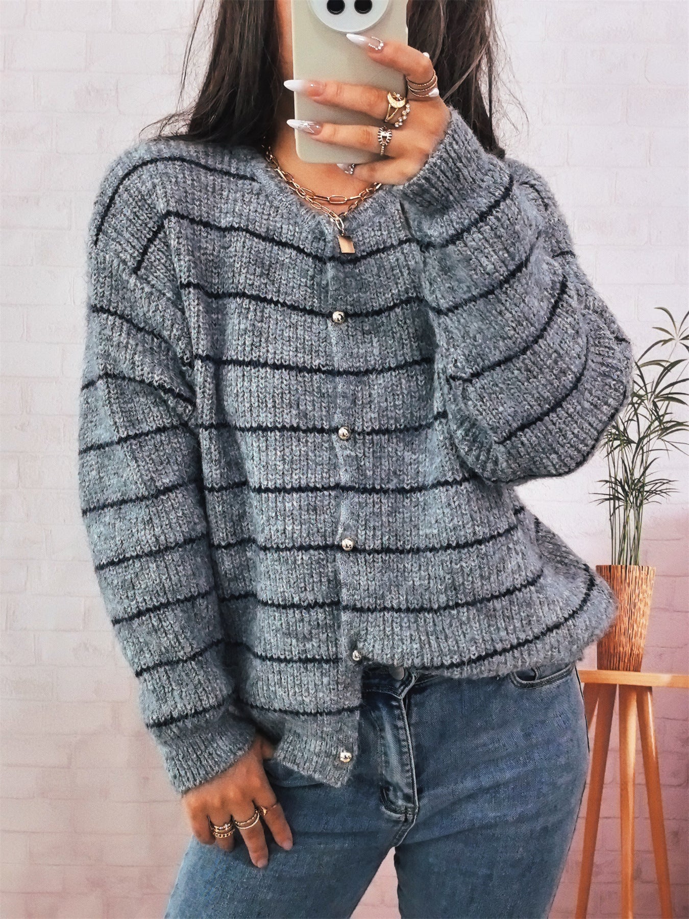Damen Strickcardigan mit Knöpfen Streifenmuster Beige