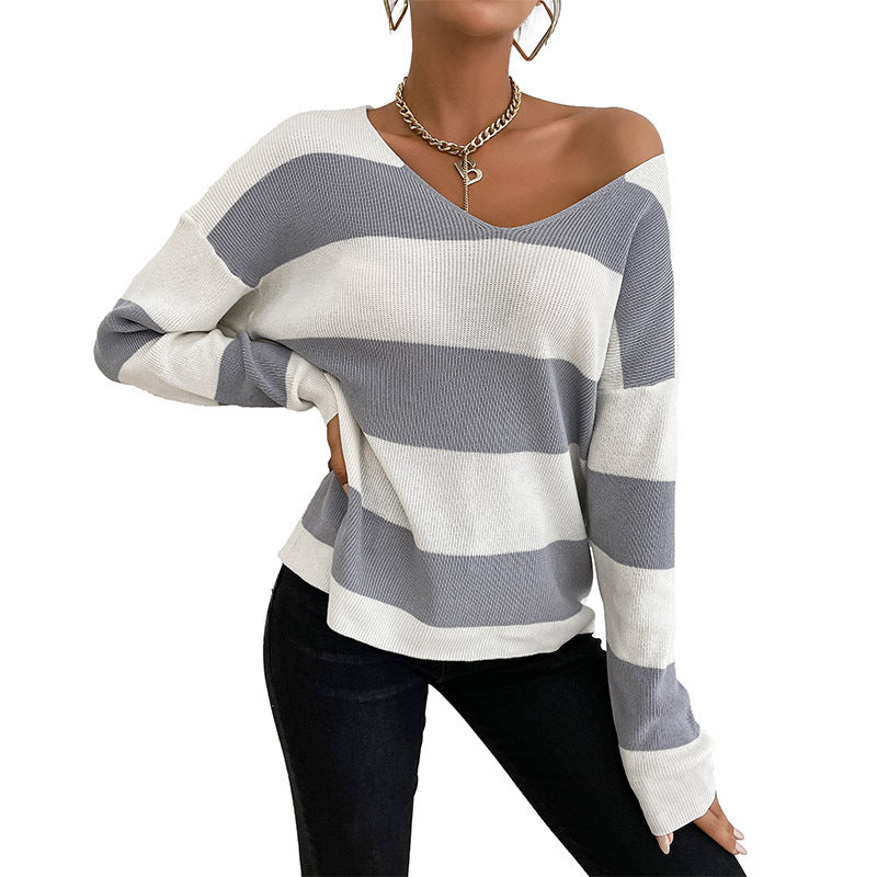 Damen Strickpullover V-Ausschnitt Blockstreifen Norvielle