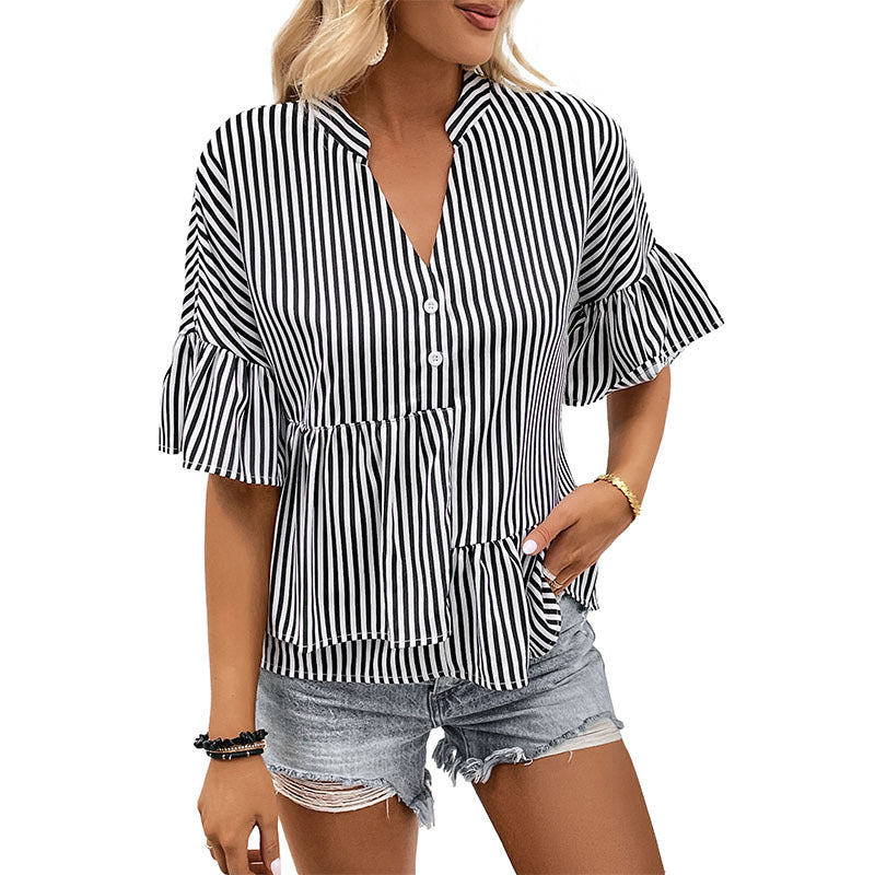 Damen Blusenshirt Gestreift Rüschendetails Taschen Norvielle