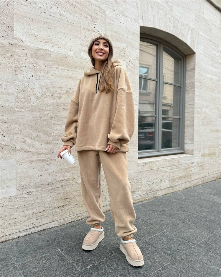 Damen Fleece-Loungewear-Set mit Kapuze Weites Design Beige