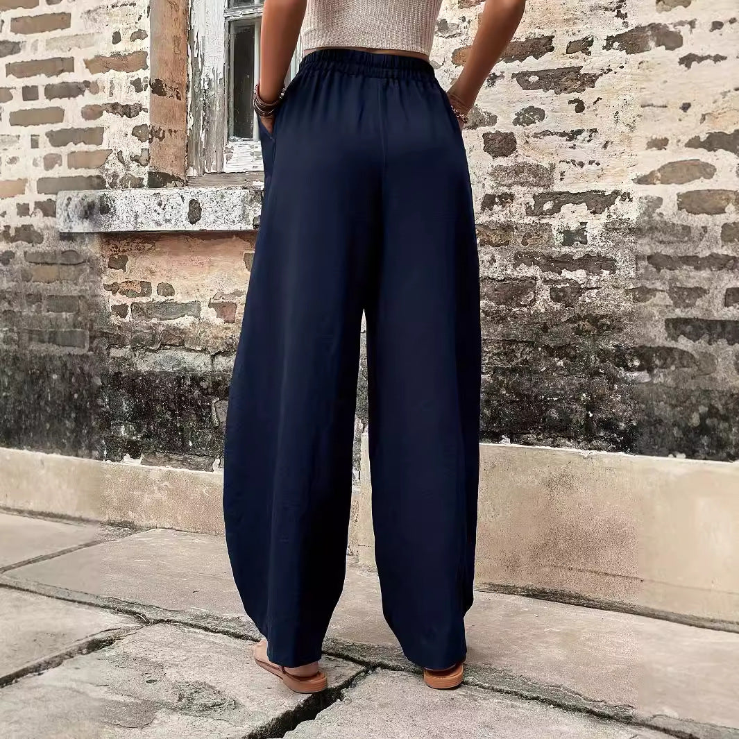 Damen Leinenhose Weit Elastischer Bund