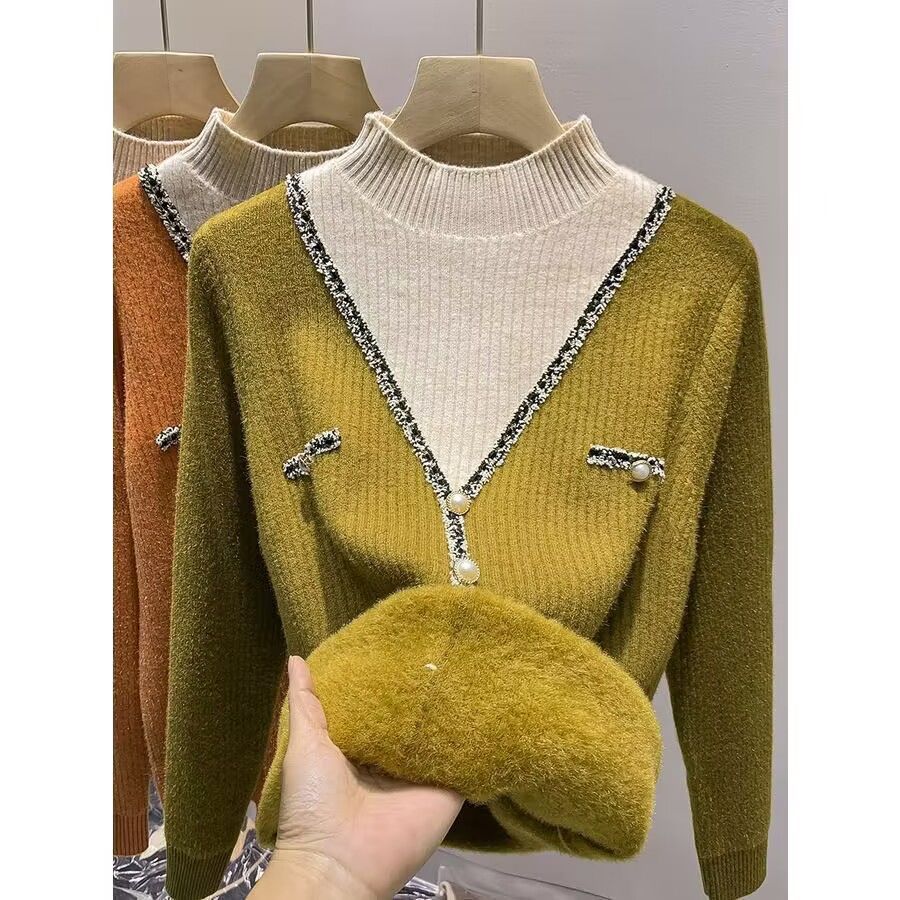 Damen V-Pullover Schimmer-Details Knöpfe Norvielle