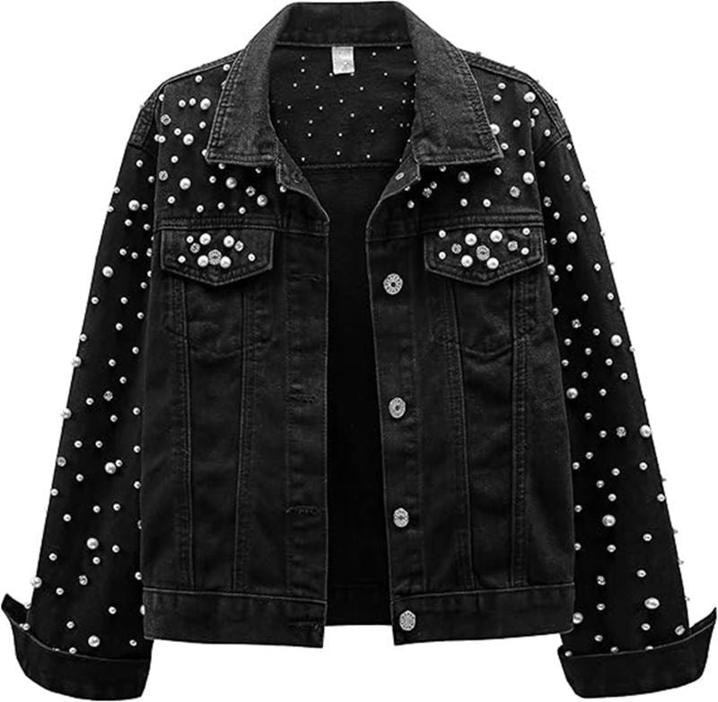 Damen Denimjacke Perlenverzierungen