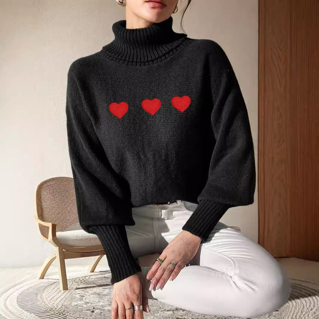 Damen Pullover Hoher Kragen Herzapplikationen Norvielle