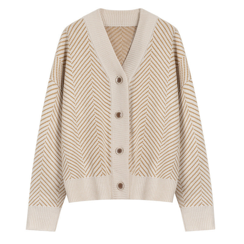Damen Strickjacke Chevron Muster Knopfverschluss Norvielle