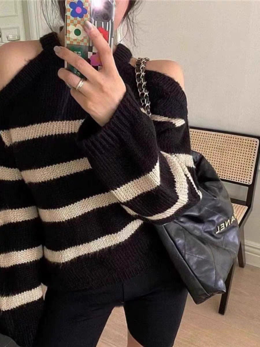 Damen Oversized Pullover Offene Schulter Streifenmuster