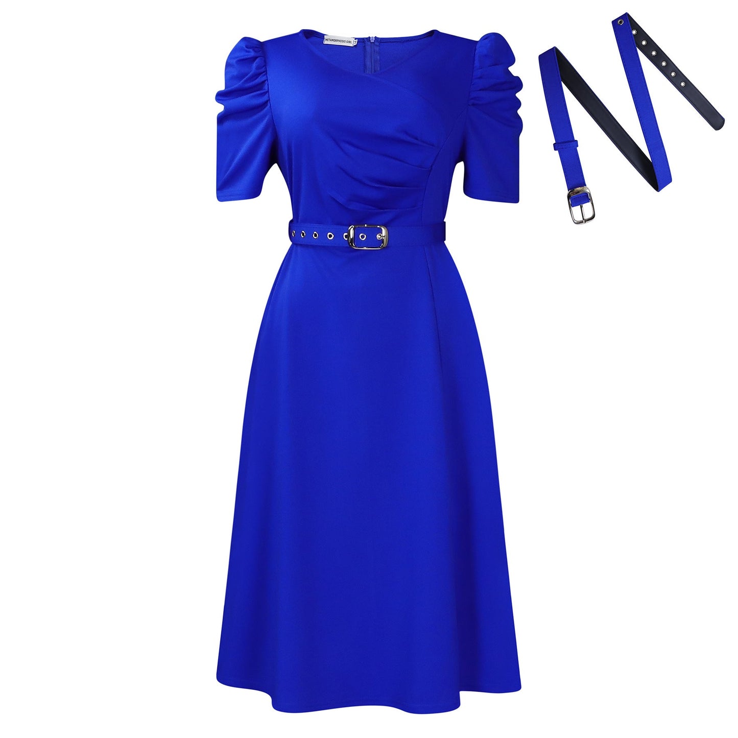 Damen Midi-Kleid Puffärmel Taillierter Gürtel