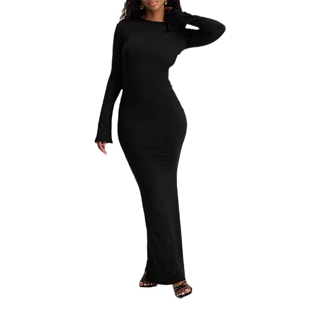 Damen Maxi-Kleid Langarm Schlüsselloch-Ausschnitt Figurbetonter Stil