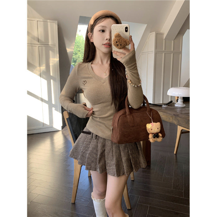Damen Langarmshirt V-Ausschnitt Rippstruktur Elegant