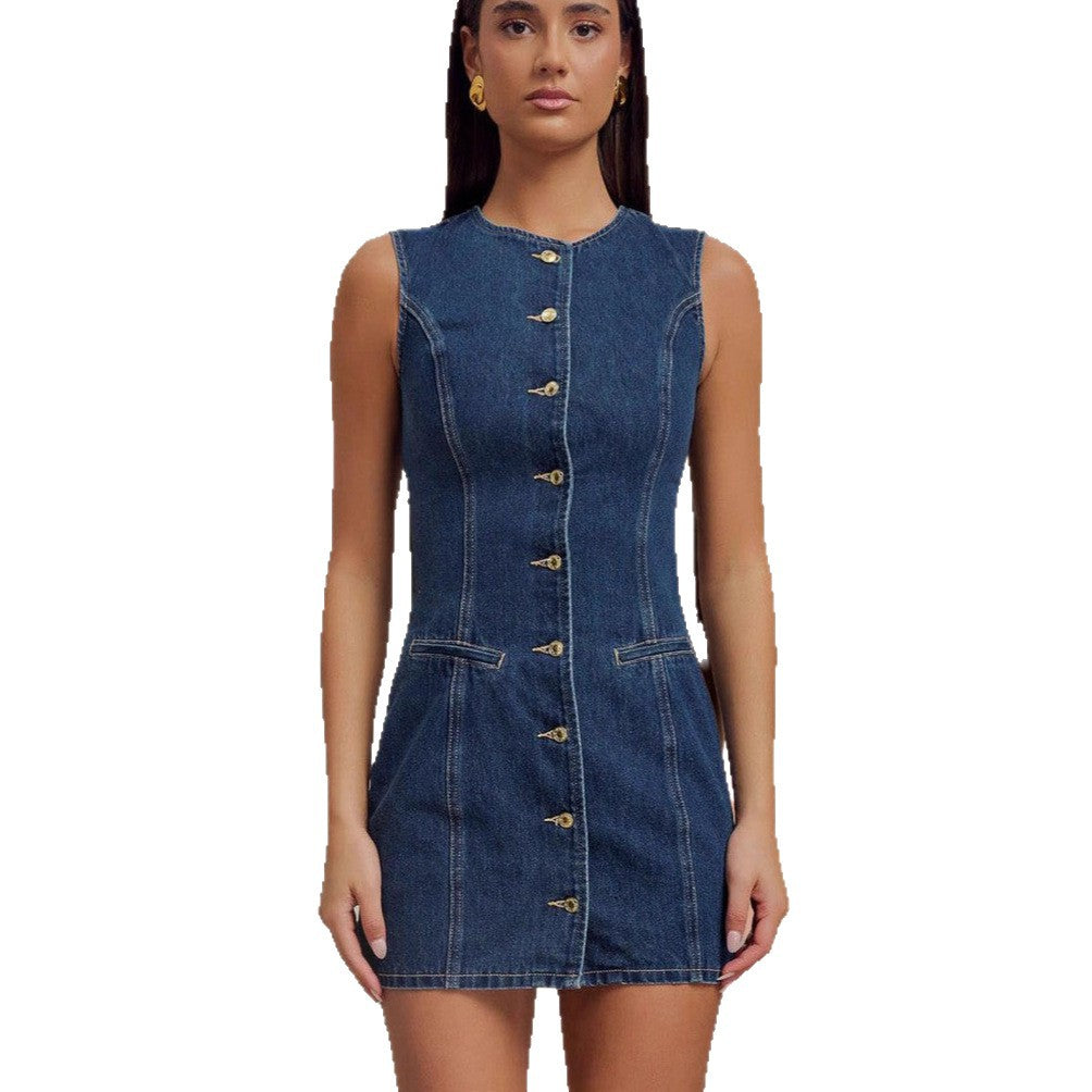 Damen Denim-Kleid mit Knöpfen Figurbetont