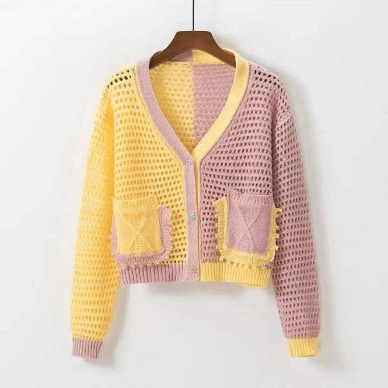 Damen Strickcardigan Luftig Netzstruktur Taschen Beige