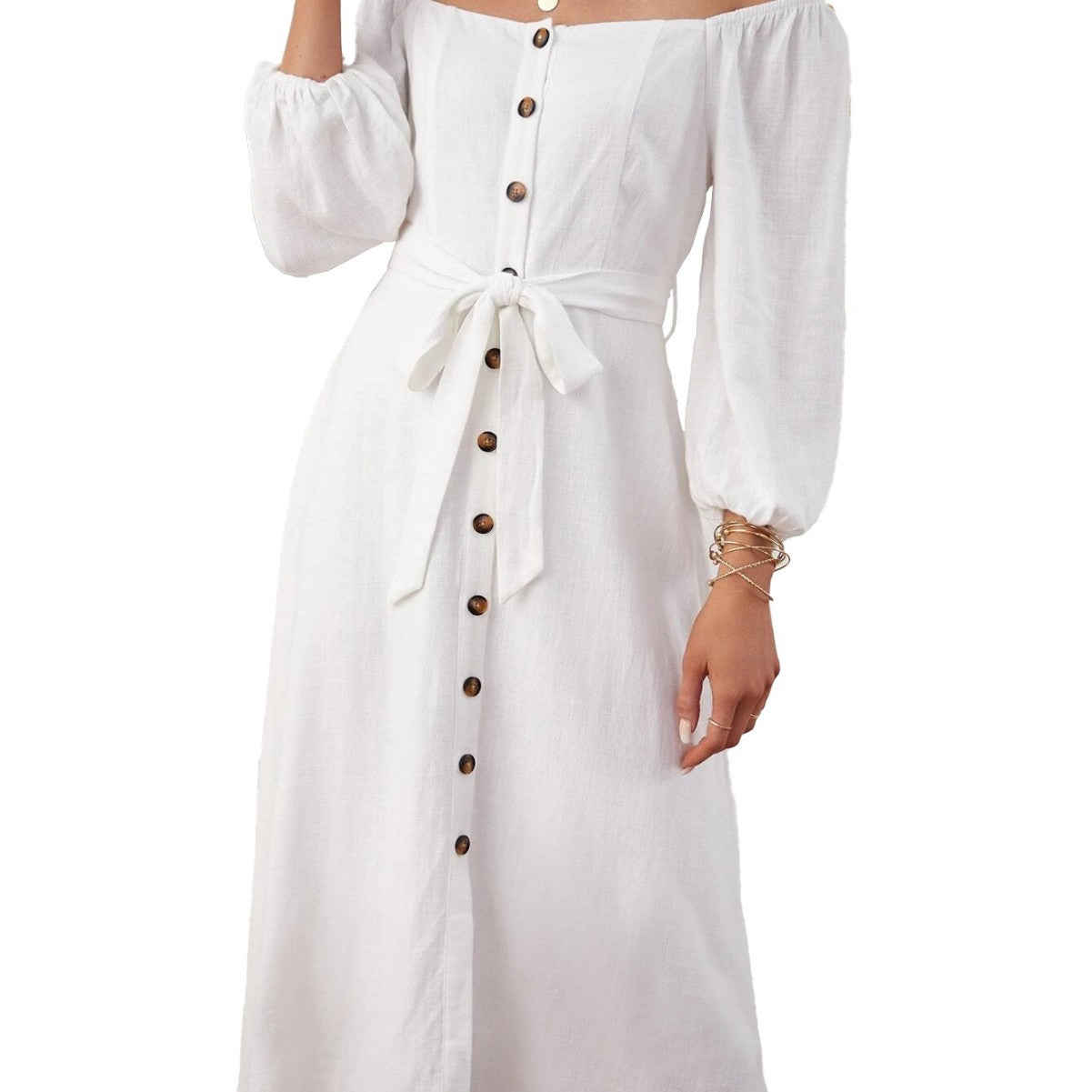Damen Maxikleid Schulterfrei Dekorative Knöpfe Norvielle