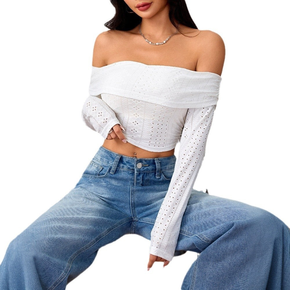 Damen Off-Shoulder Crop- mit langen Puffärmeln und Lochstruktur