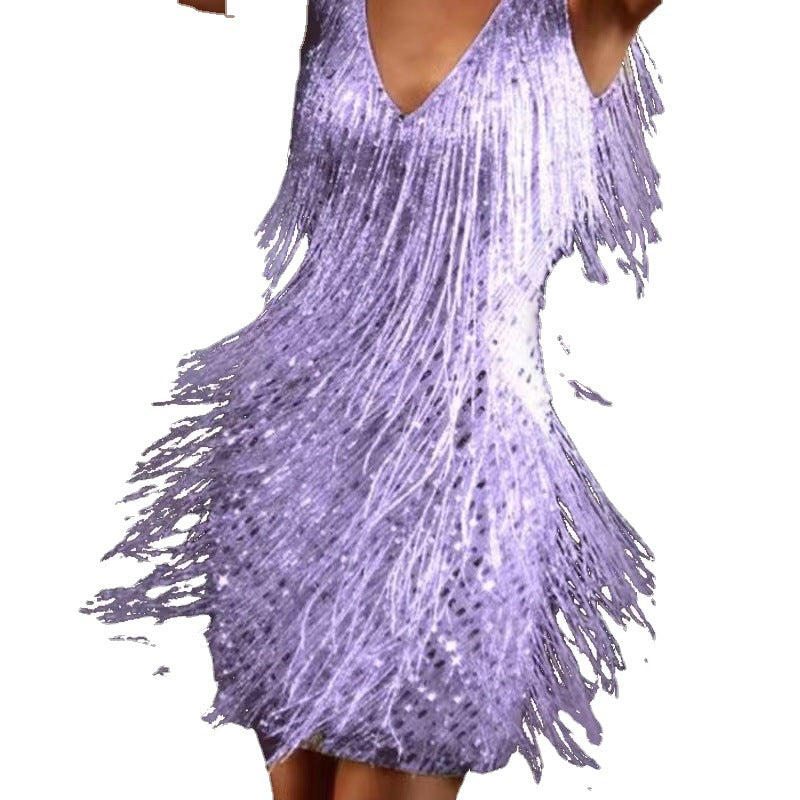 Damen Mini-Kleid Glitzernd mit Fransen Schulterfrei Norvielle