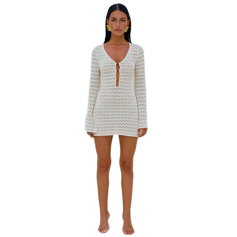 Damen Strickkleid V-Ausschnitt Cut-out