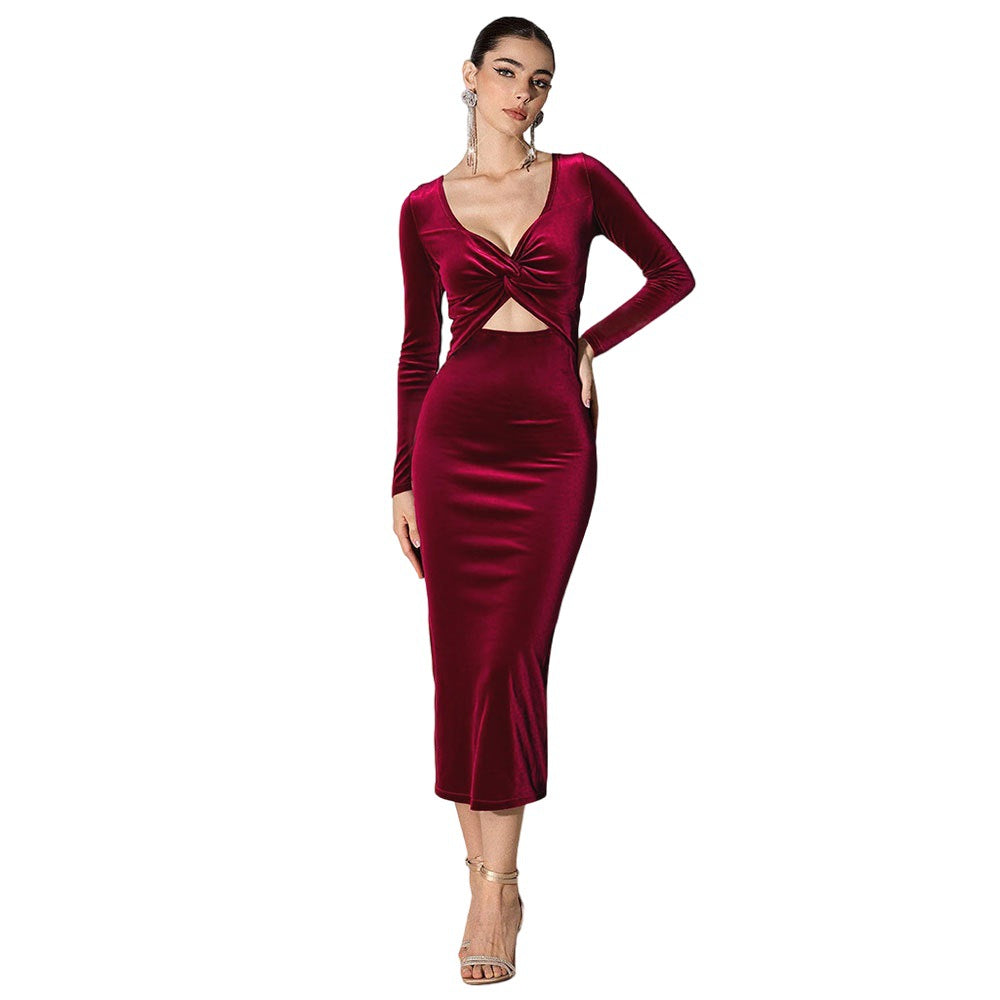 Damen Wickelkleid Samtig Tiefes Dekolleté