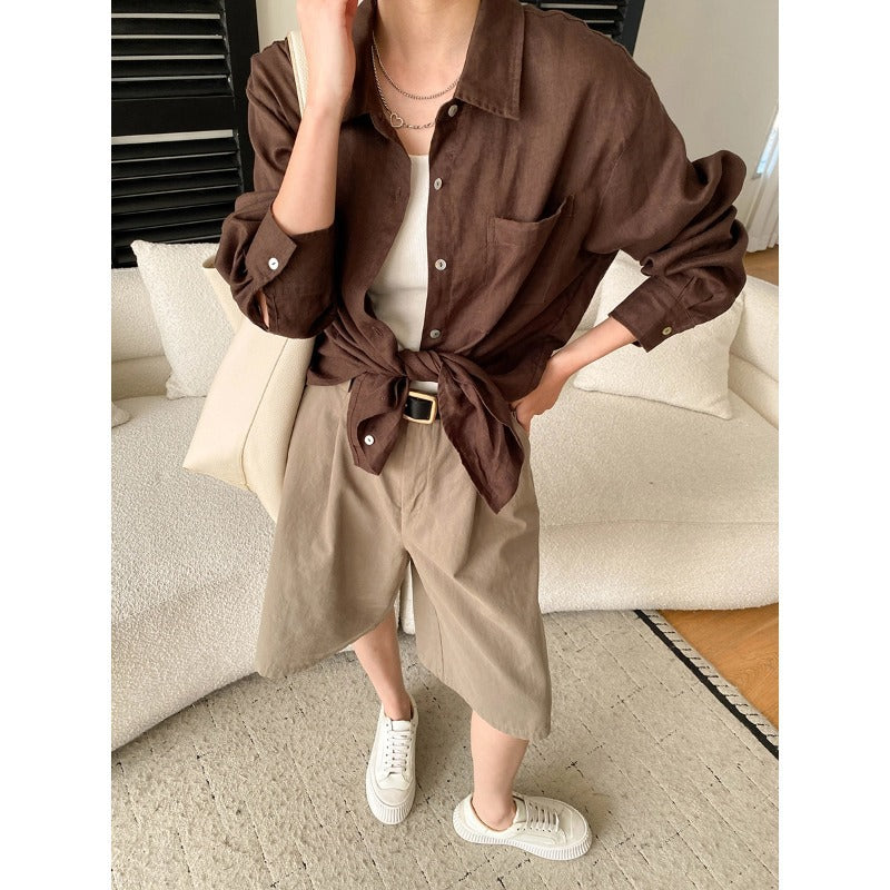 Damen Chino Shorts Falten Gürtel Detail Beige
