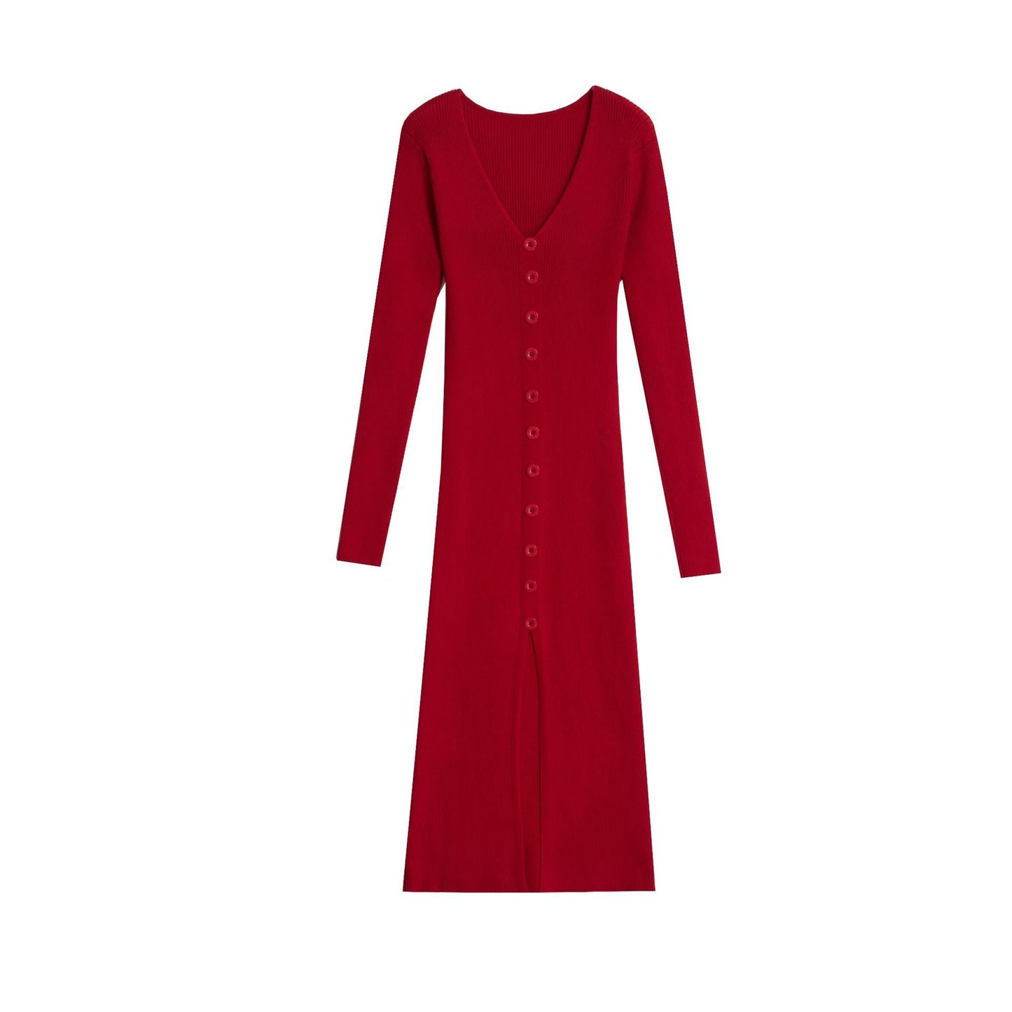 Damen Strickkleid V-Ausschnitt Hochgeschlossen