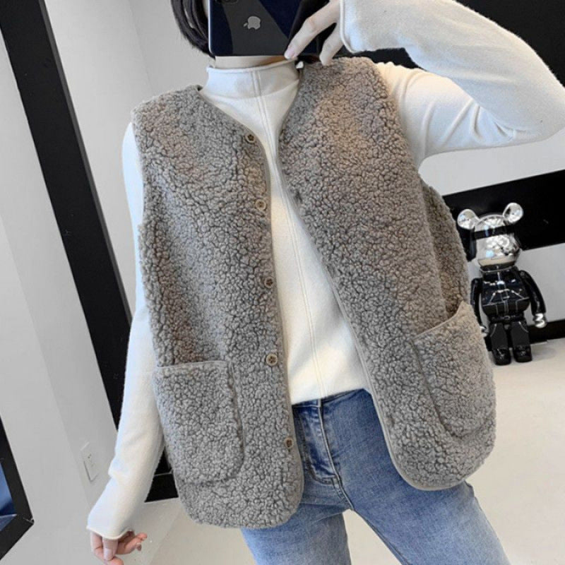 Damen Fleeceweste Teddylook mit Taschen und Knöpfen Beige