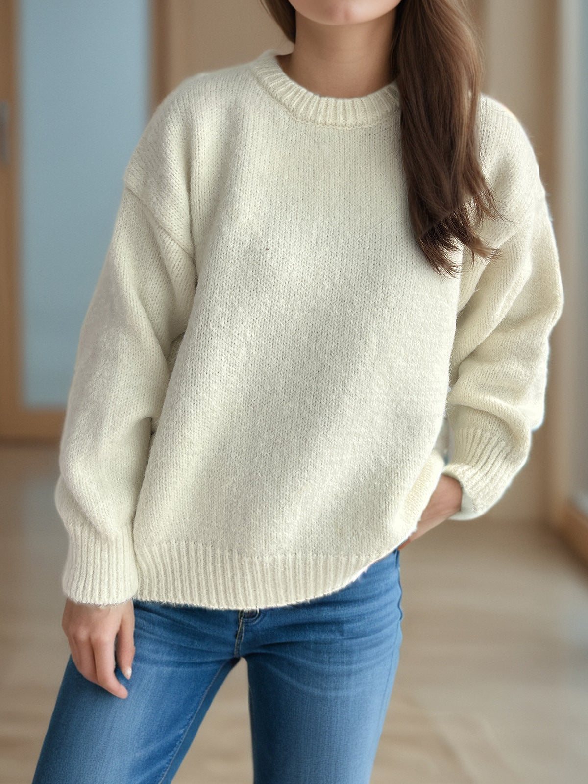 Damen Grobstrickpullover Moderner Schnitt Großzügige Ärmel Beige