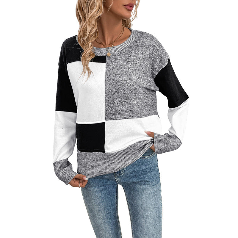 Damen Pullover Patchwork Rundhalsausschnitt Norvielle