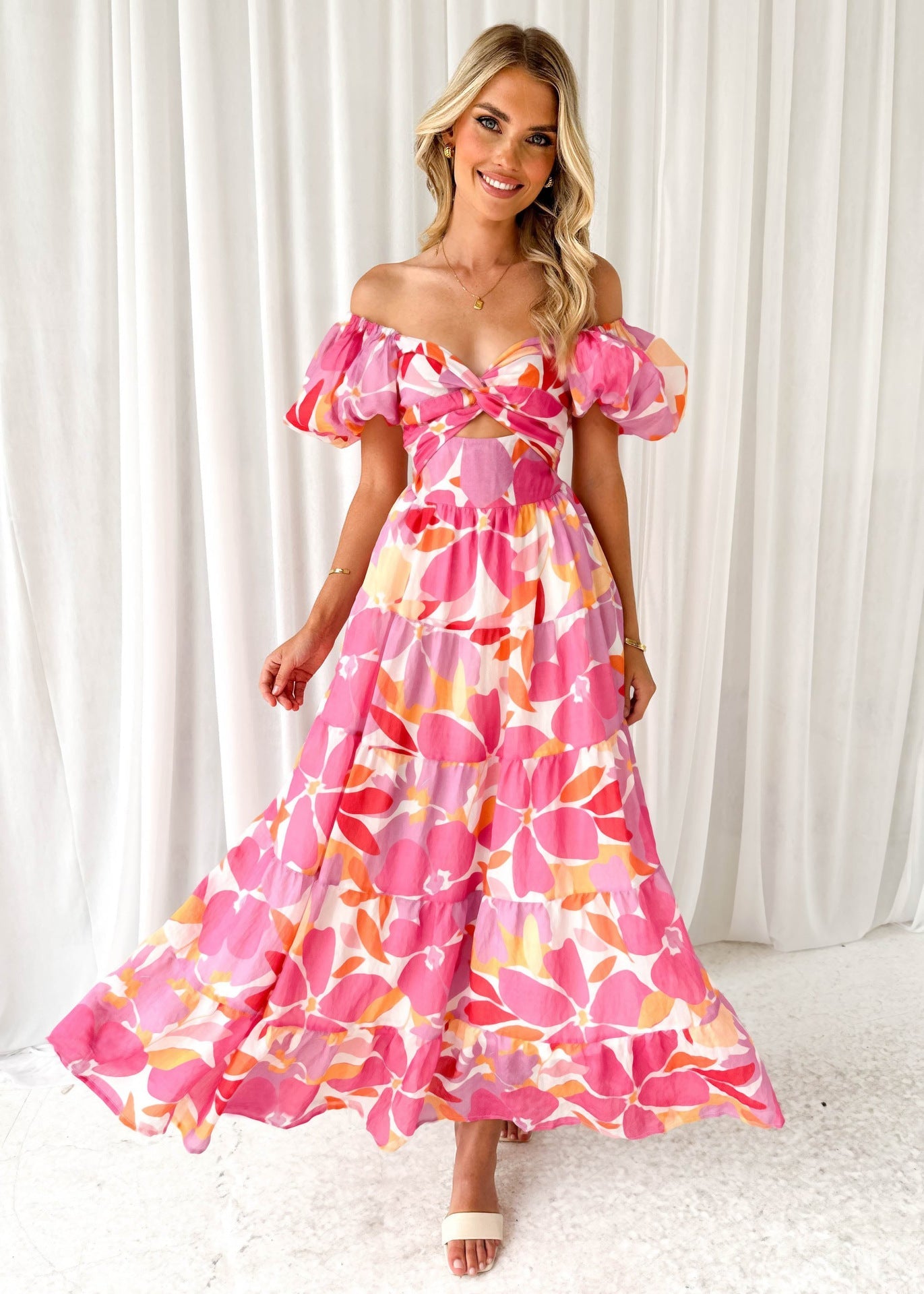 Damen Maxikleid Schulterfreies Design Puffärmel Norvielle