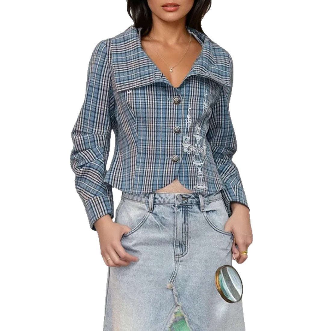 Damen Kurzjacke Kariert Knöpfe Norvielle