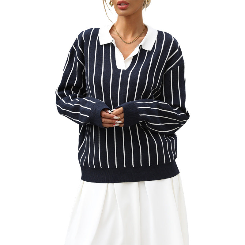 Damen Sportpullover Kontraststreifen Klassischer Kragen Norvielle