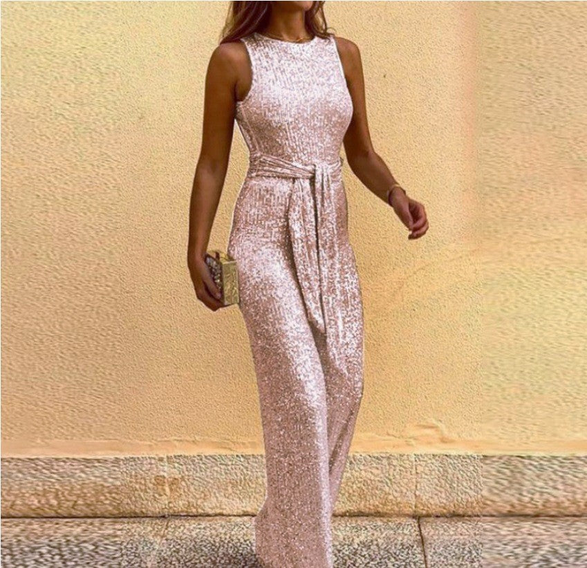 Damen Maxikleid mit Paillettenbesatz und Taillenbindung Norvielle