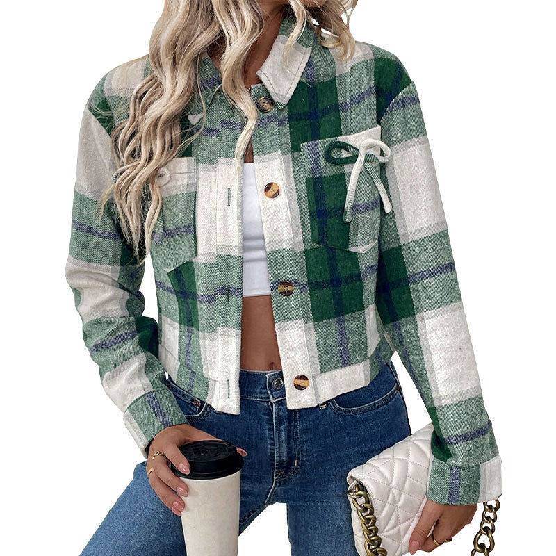 Damen Karobluse Cropped Nostalgisch Knöpfe