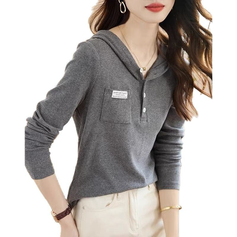 Damen Hoodie Lässig Knopfleiste Dekorative Brusttasche Norvielle