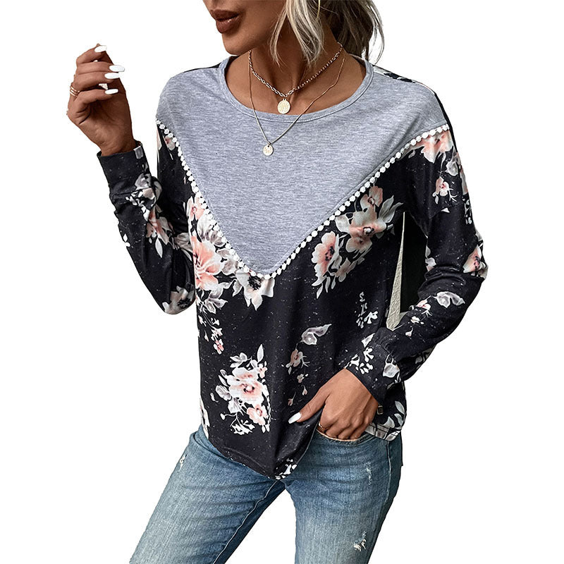 Damen Sweatshirt Floralmuster V-Ausschnitt Rüschen Norvielle