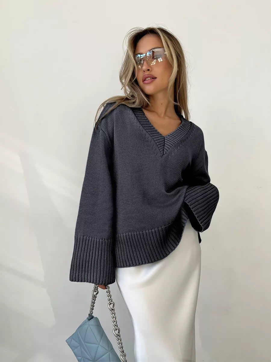 Damen Strickpullover Oversized V-Ausschnitt Beige