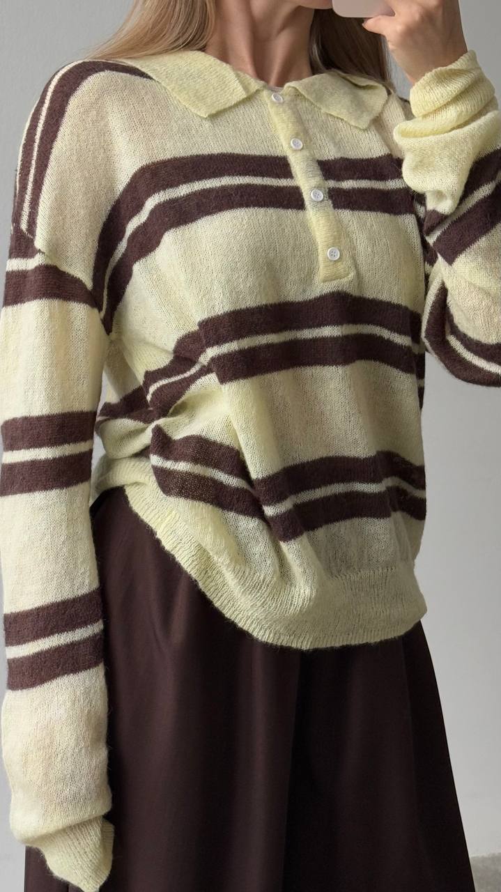 Damen Grobgestrickter Pullover Polo-Kragen Blockstreifen
