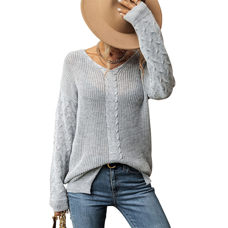 Damen Strickpullover V-Ausschnitt Strukturiert Grau