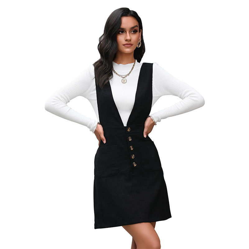 Damen Latzkleid V-Ausschnitt Knöpfe Norvielle