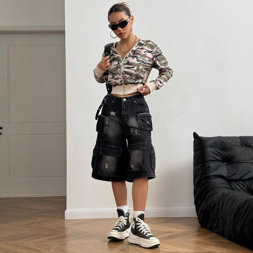 Damen Kurzjacke Camouflage Stil Kapuzenjacke Modern