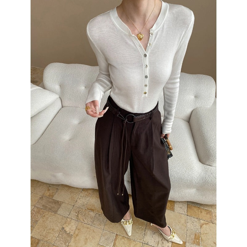 Damen Langarmshirt Feines Rippmaterial Knopfleiste Beige