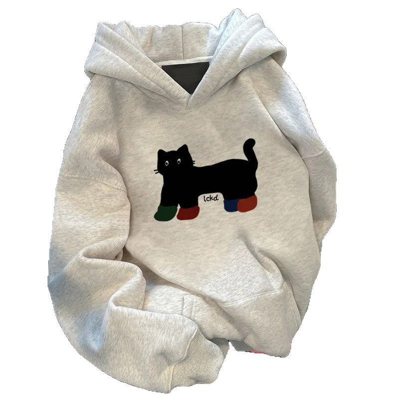 Damen Kapuzenpullover Weites Katzenmotiv Norvielle