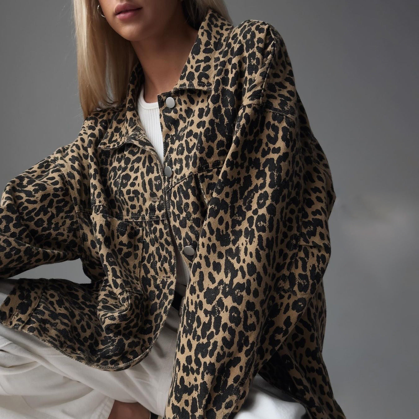 Damen Oversized Jeansjacke Leopardenmuster