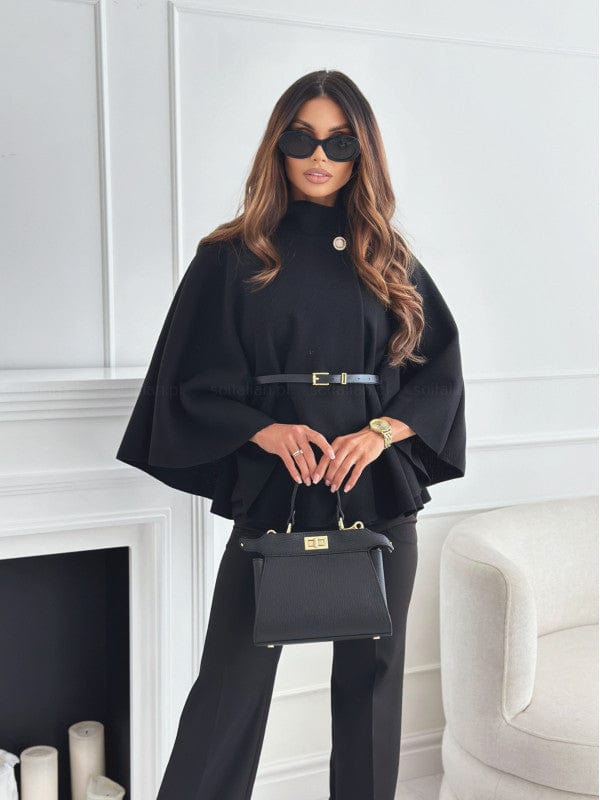 Damen Wollcape Mit Gürtel Hoher Kragen