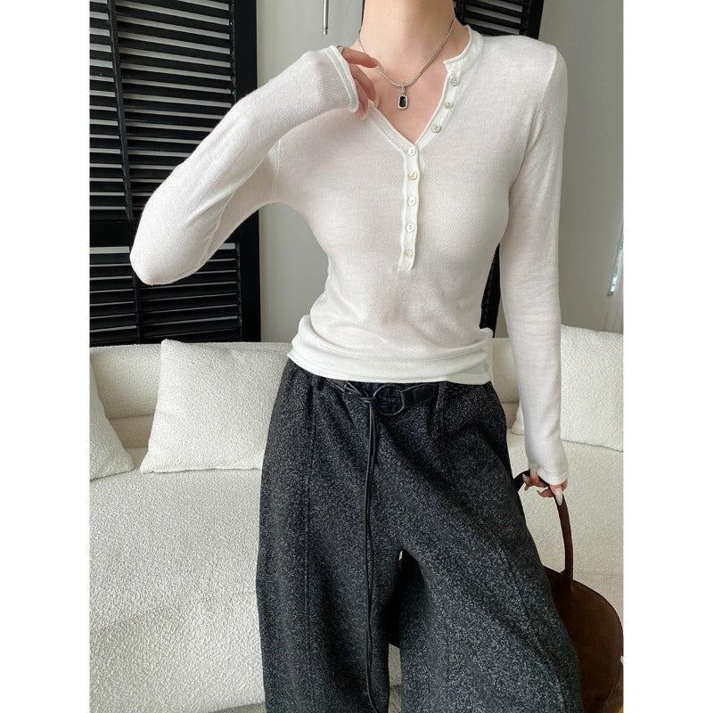 Damen Langarmshirt V-Ausschnitt Dekorative Knöpfe Norvielle